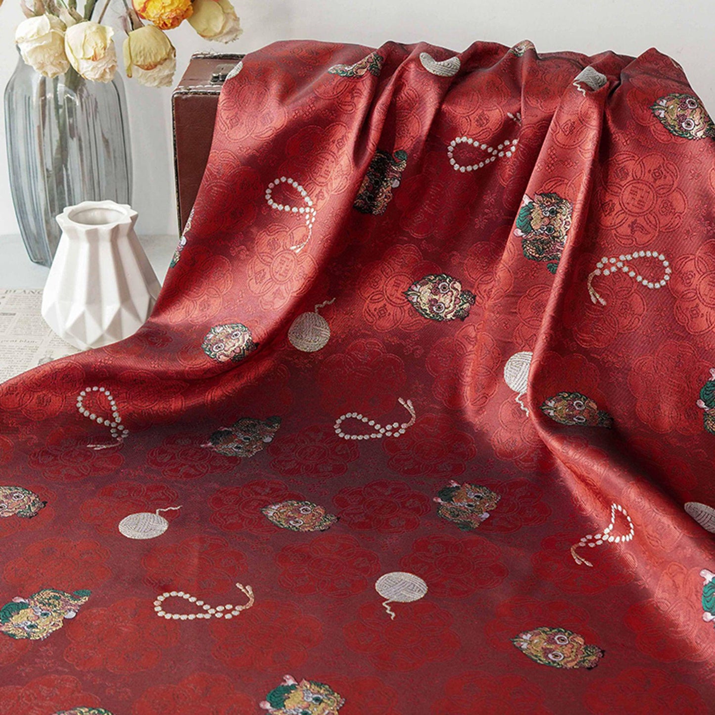 Chinese Lion Dance Fabric, Red Gold Jacquard Fabric by Yard, Lunar New Year Textile, Traditional Chinese Sewing Material, Qipao Fabric, 59" - Poppylollipop