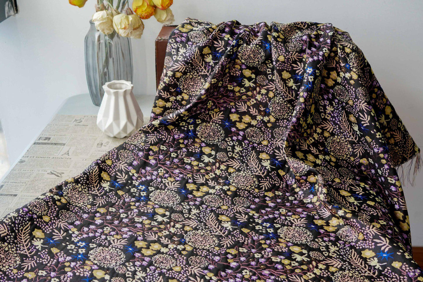 Black Floral Jacquard Fabric by the Yard: Botanical Garden, Purple Gold Multicolor Woven Brocade, 57"W Reversible, Dress, Coat, Home Decor - Poppylollipop
