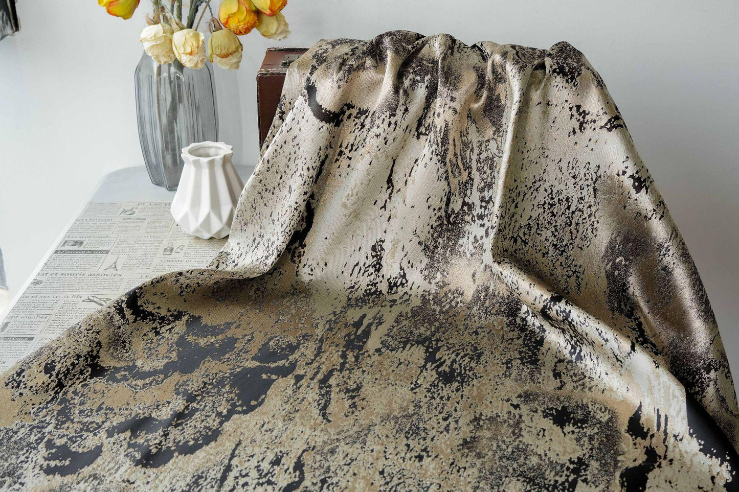 Abstract Metallic Jacquard Fabric, Black Gold Watercolor Texture Brocade Textile, Luxury Woven Fabric for Dress, Jacket, DIY Sewing - Poppylollipop