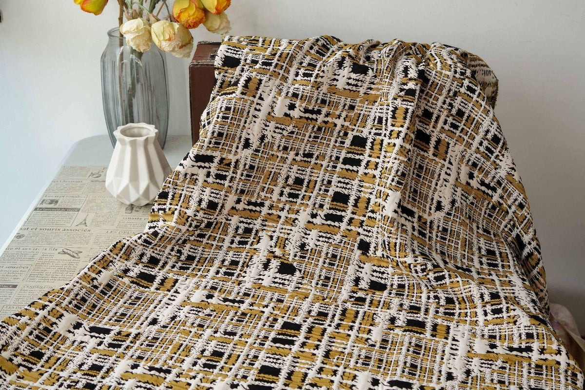 Vintage Chanel Style Jacquard Fabric, 3D Embossed Tweed Check Textile, Black Gold White Woven Fabric, Luxury Fashion Upholstery Material - Poppylollipop