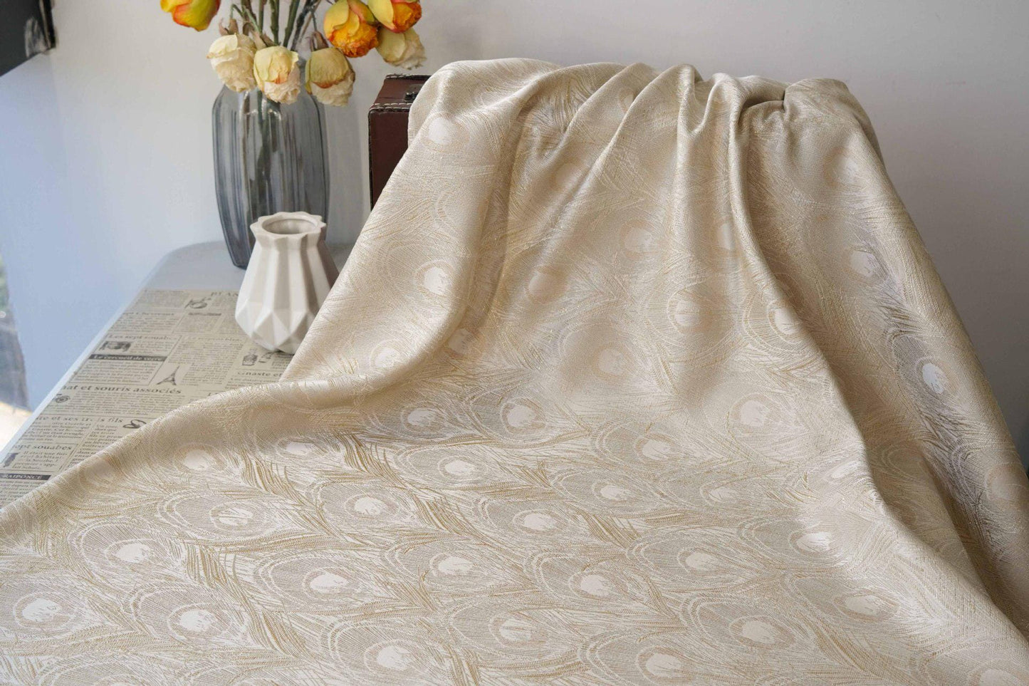 Peacock Feather Jacquard Fabric, Luxury Gold Metallic Woven Textile, Elegant Embossed Pattern Brocade Fabric for Dress, DIY Sewing - Poppylollipop