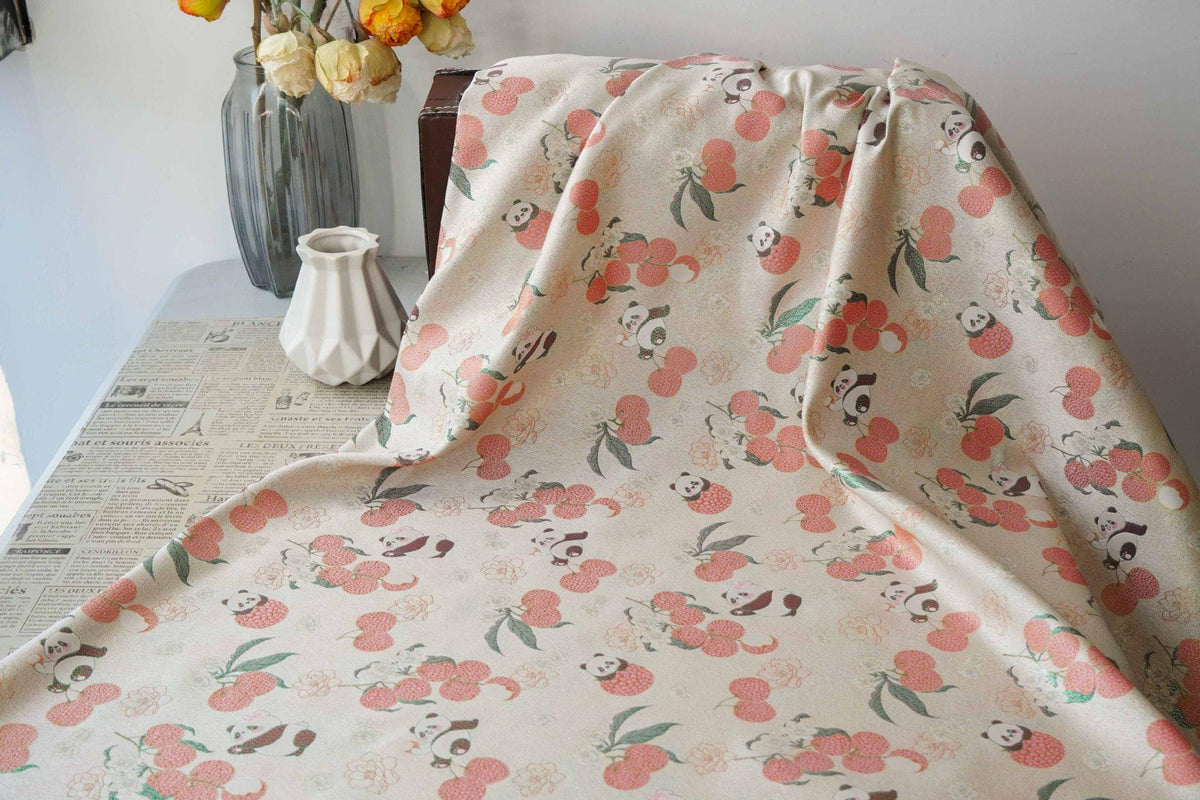 Panda Lychee Jacquard Brocade Fabric, Ivory Botanical Metallic Thread Chinese Style Fabric for Qipao, Dress and Crafts - Poppylollipop