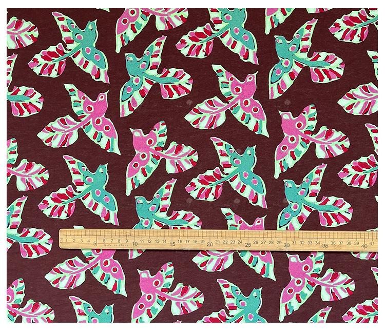 Folk Art Bird Print Cotton Fabric, Burgundy Green Pink Flying Bird Fabric for Dress, Shirt, Qipao, Crafts and Home Decor - Poppylollipop