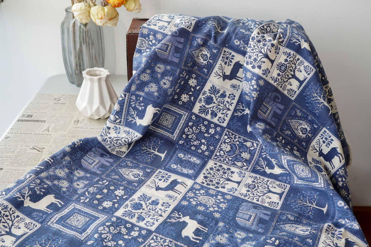 Blue White Medieval Tapestry Jacquard Fabric, Woven Animal & Tree of Life Design, William Morris Style Upholstery Fabric by the Yard - Poppylollipop
