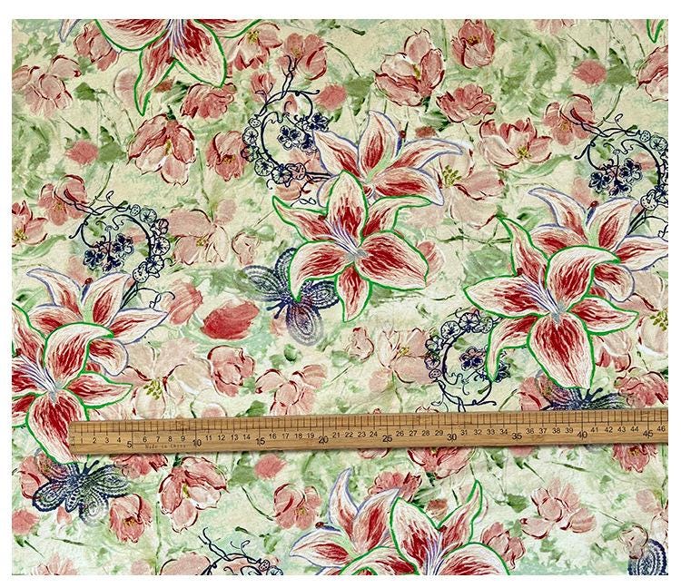 Lily Floral Cotton Fabric, Watercolor Lily Butterfly Print, Digital Botanical Cotton Fabric by the Yard for Sewing, Quilting, Home Decor - Poppylollipop