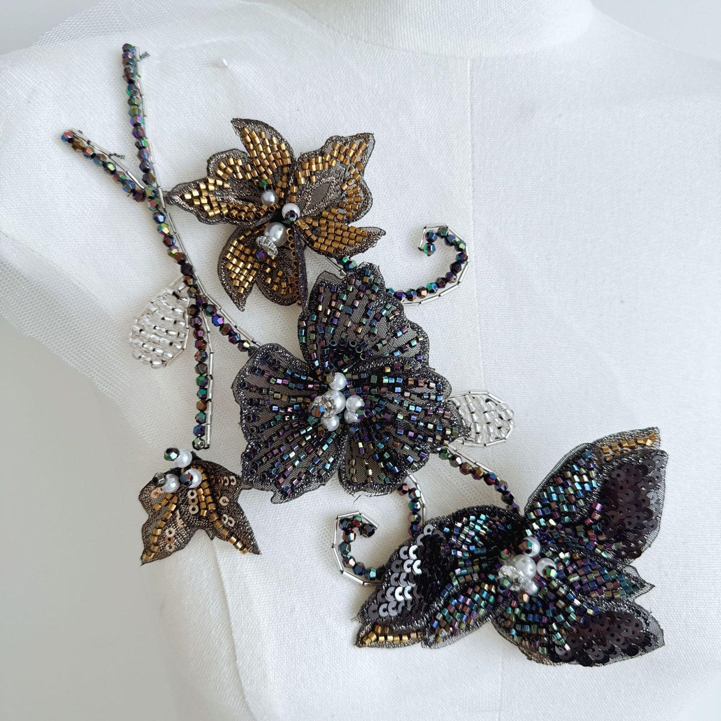 Ornate Beaded Floral Applique on Mesh, Sequin Seed Bead Flower Patch for Evening Gown, Stage Costume, Bridal Dress & Hanfu