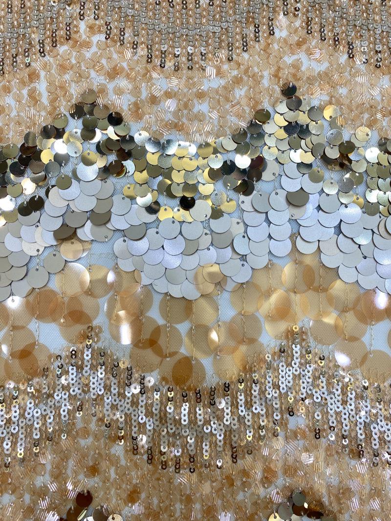 Mixed Size Sequin Embroidered Mesh Fabric, Champagne Gold Silver Stripe Fabric for Evening Gown, Stage Costume and Formal Dress - 49"W