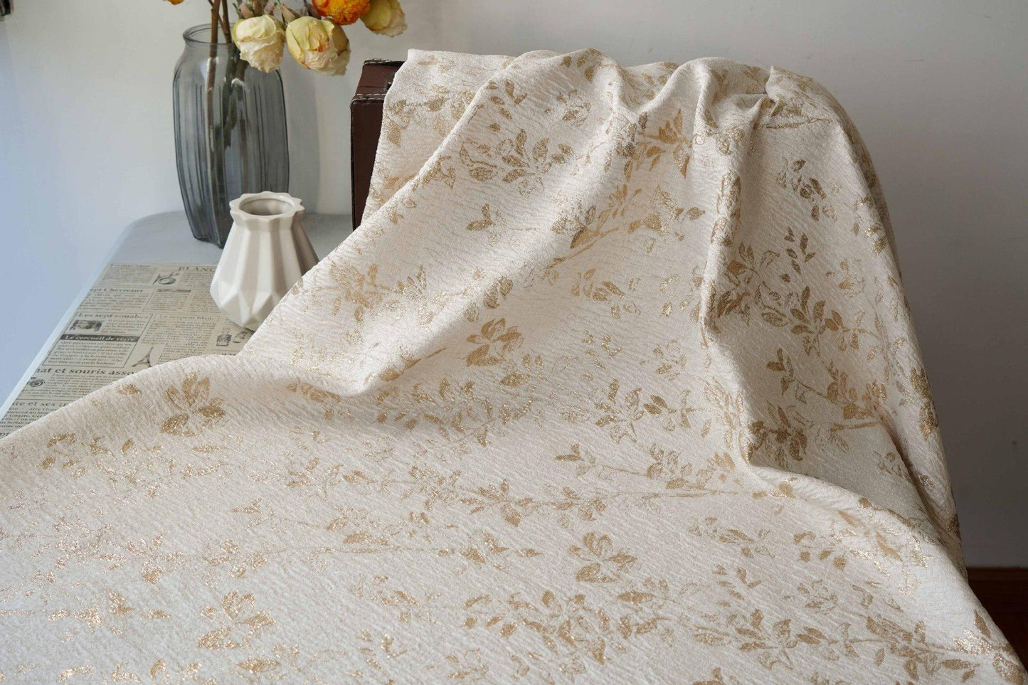 Ivory Gold 3D Embossed Floral Jacquard Fabric, Crinkle Texture Metallic Thread Fabric for Dresses, Bridal, Home Decor by the Yard, 55"Wide