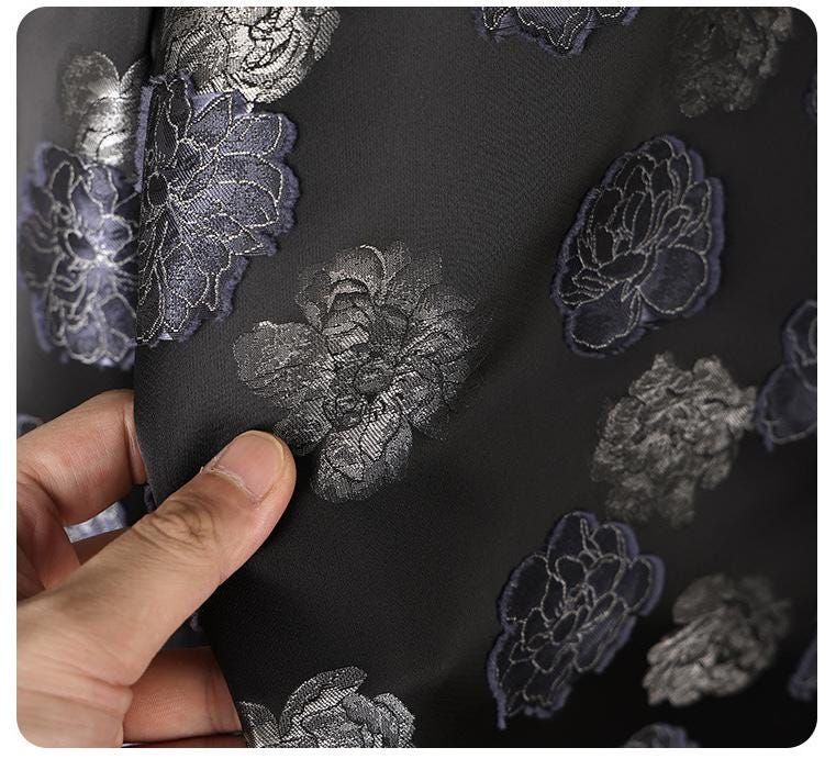 Two-Tone Peony Clipped Jacquard Fabric, Black Silver Blue Yarn-Dyed Woven Fabric for Dress, Jacket, Qipao & Decor, 66"Wide - Poppylollipop