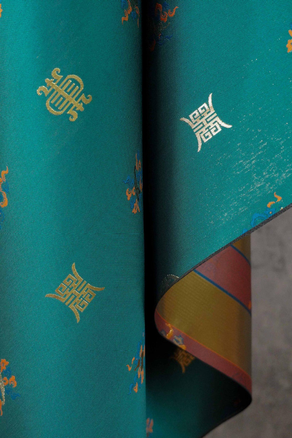 Chinese Song Brocade Fabric, Wufu Longevity Gold Thread Jacquard Textile, Traditional Pattern Fabric for Clothing and Decor - Poppylollipop
