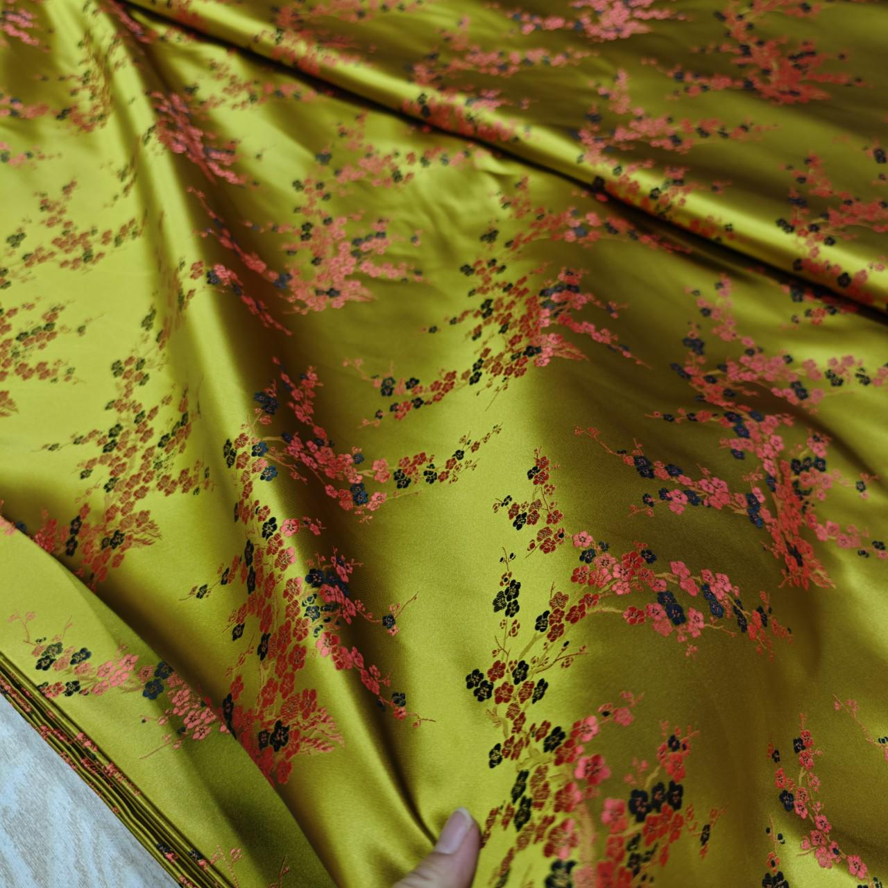 Gold Plum Blossom Brocade Satin Fabric, Chinese Silk Fabric for Cheongsam Qipao, Vests, Sachets, DIY Sewing by the Yard