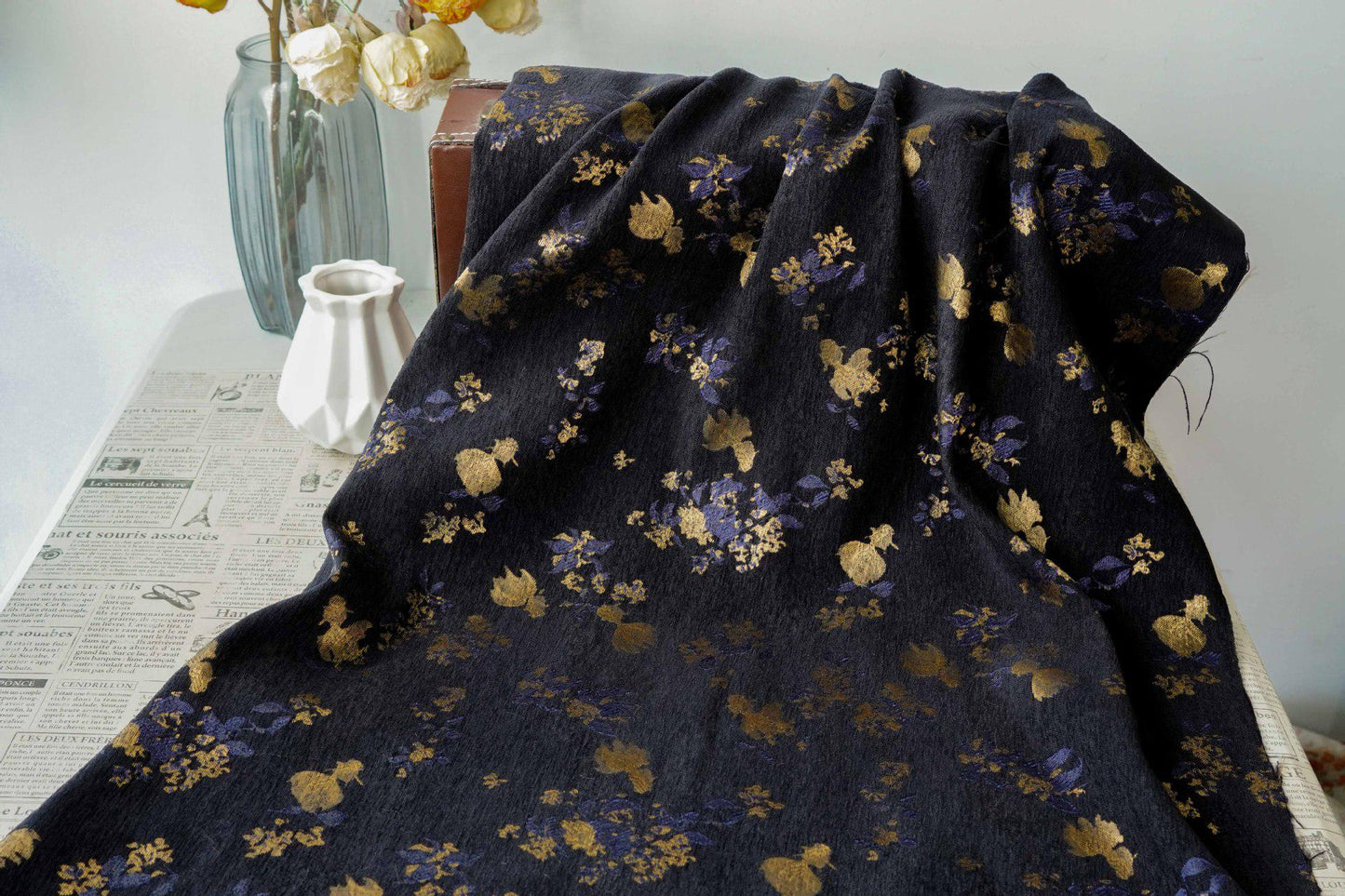 Goldfish Orchid Chenille Jacquard Fabric, Black Heavy Upholstery Textile for Sofa, Cushions, Bags and Home Decor, 58"Wide