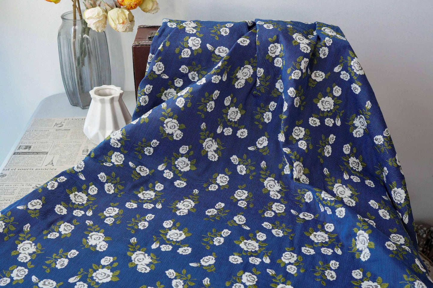 Navy Blue White Rose Jacquard Fabric, Ditsy Floral Woven Fabric, French Country Cottage Fabric for Dresses, Curtains by the Yard, 55"W