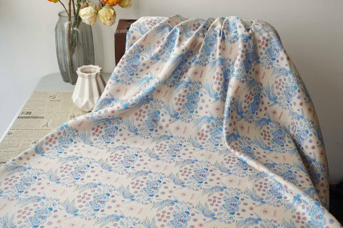 Sparrow Peony Song Brocade Fabric, Yarn-Dyed Floral Bird Jacquard Textile, 2 Colors for Qipao, Hanfu, Dresses and Sewing, 60"Wide - Poppylollipop