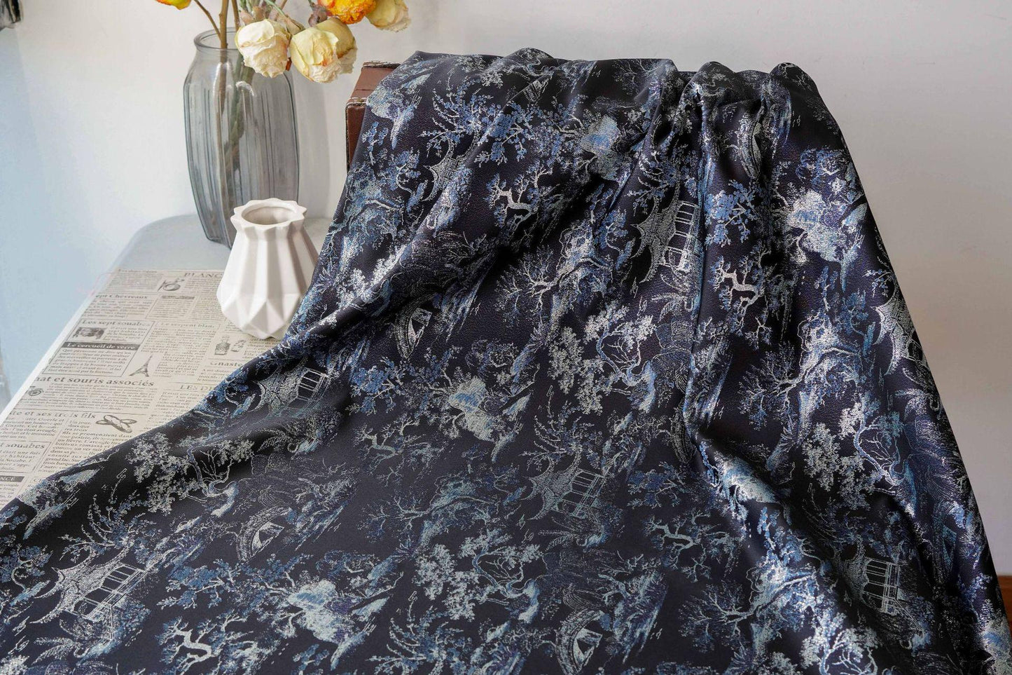 Black Blue Pavilion Landscape Song Brocade Fabric, Yarn-Dyed Jacquard Textile for Qipao, Jackets, Bags, Decor and Sewing, 59"Wide