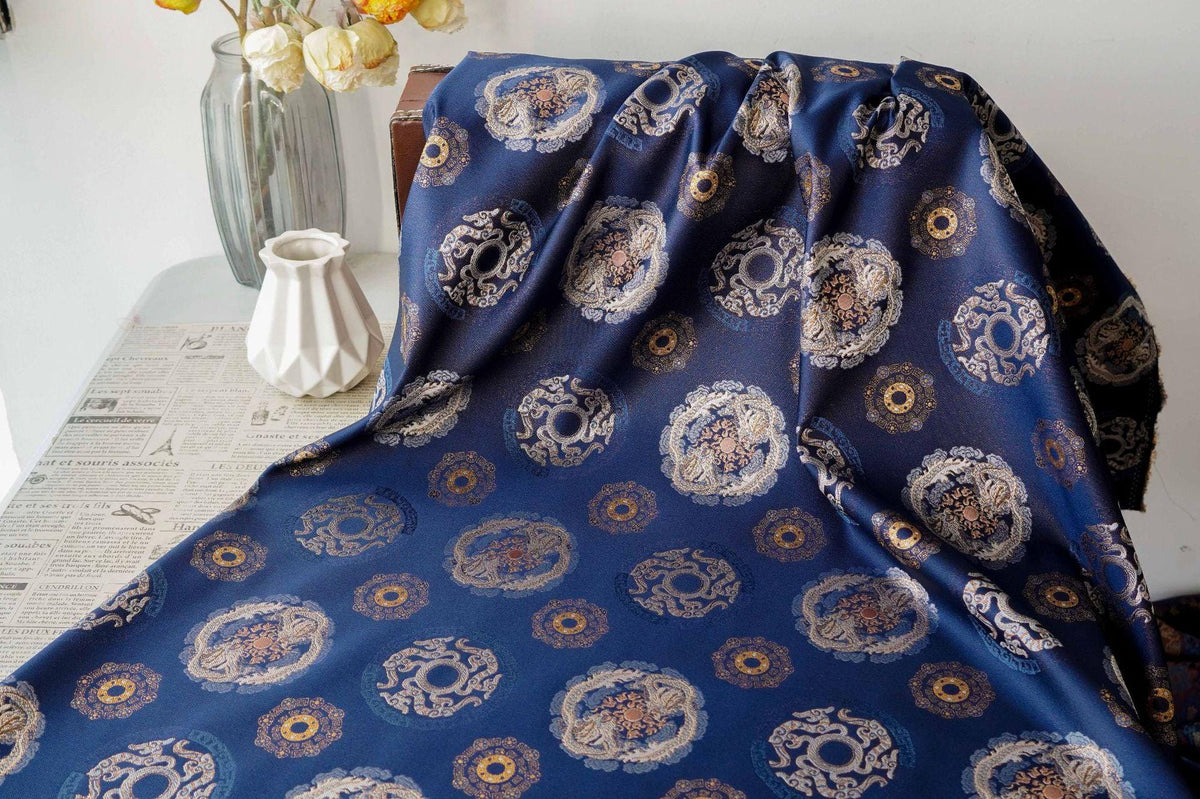 Navy Dragon Medallion Song Brocade Fabric, Yarn-Dyed Jacquard Textile for Qipao, Jackets, Bags, Home Decor and Sewing, 59"Wide
