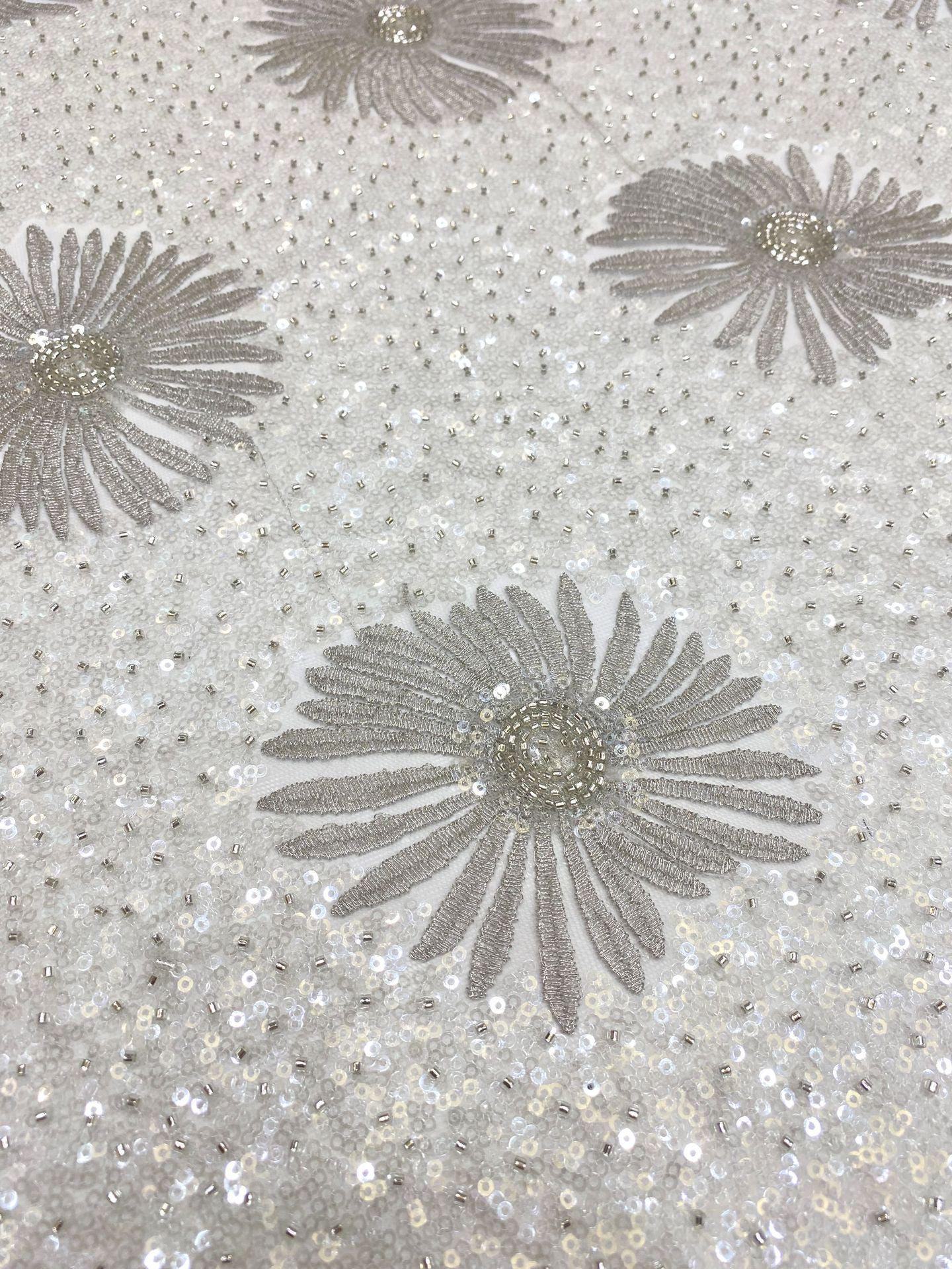 Daisy Beaded Sequin Embroidered Mesh Fabric, Sparkling Floral Textile for Evening Gowns, Dresses, Kidswear, Shoes, Bags and Hats