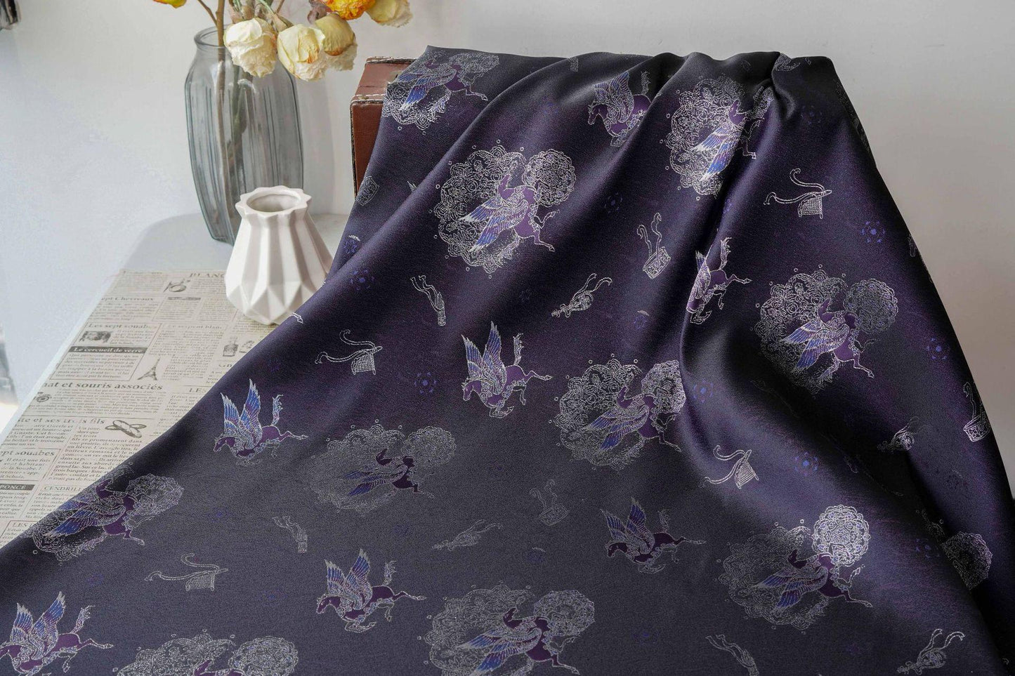 Dark Purple Winged Horse Song Brocade Fabric, Yarn-Dyed Jacquard Textile for Qipao, Hanfu, Dresses, Jackets, Bags and Sewing, 59"Wide