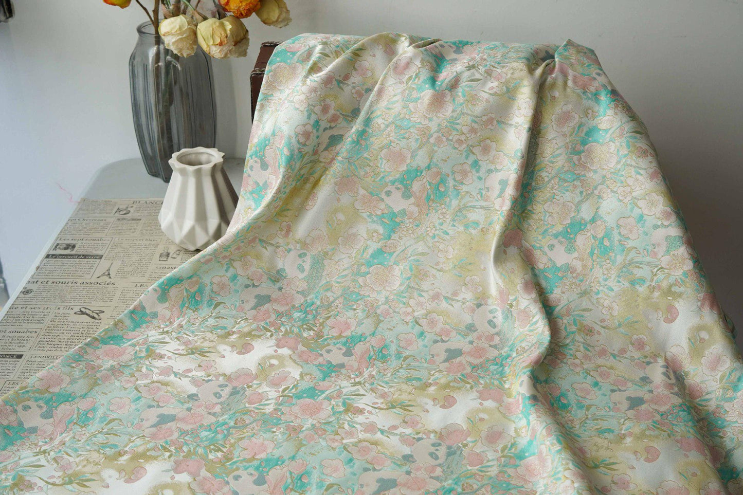 Panda & Cherry Blossom Song Brocade Fabric, Gold Thread Jacquard Textile, 2 Colors for Qipao, Hanfu, Bags and Sewing, 65" Wide