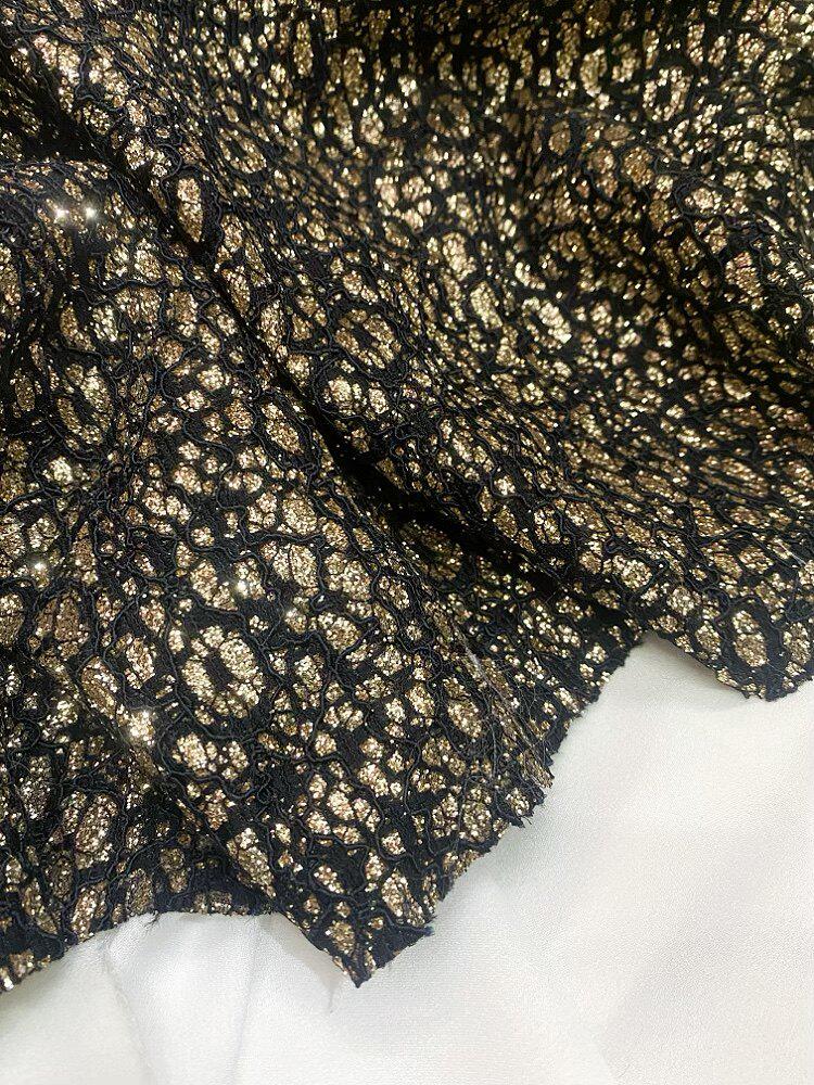 Black Gold Lace Jacquard Fabric, Double Layer Structured Shimmer Textile, No Stretch Dress Material for Gowns, Qipao & Formal Wear, 57"W