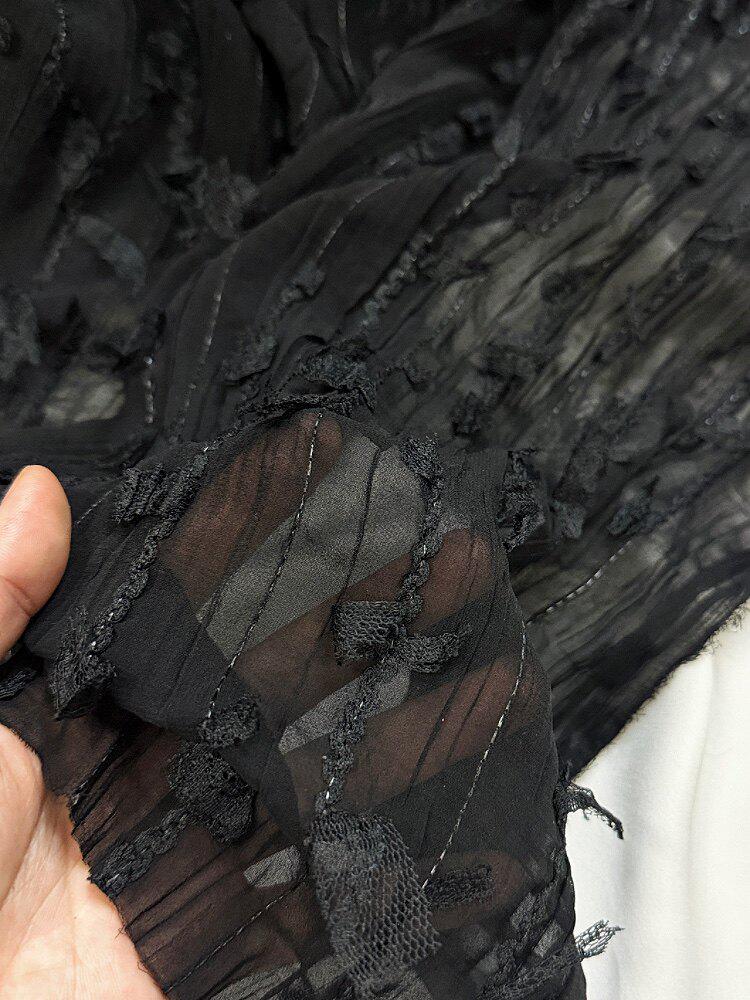 Black Sheer Textured Mesh Fabric, Soft Drape Ruffled Chiffon Textile with Fringe Detail, Stretch Fashion Fabric for Dresses & Blouses, 57"W