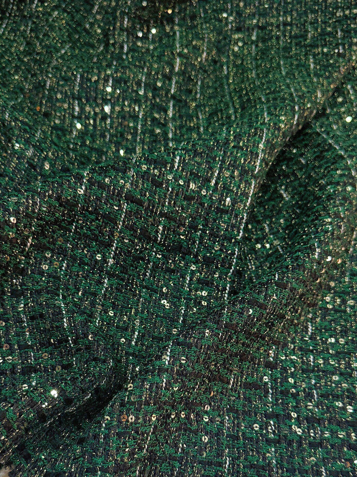 Emerald Green Sequin Tweed Fabric, Metallic Embroidered Boucle Textile, Medium Weight Fashion Material for Jackets, Dresses & Gowns, 59"W