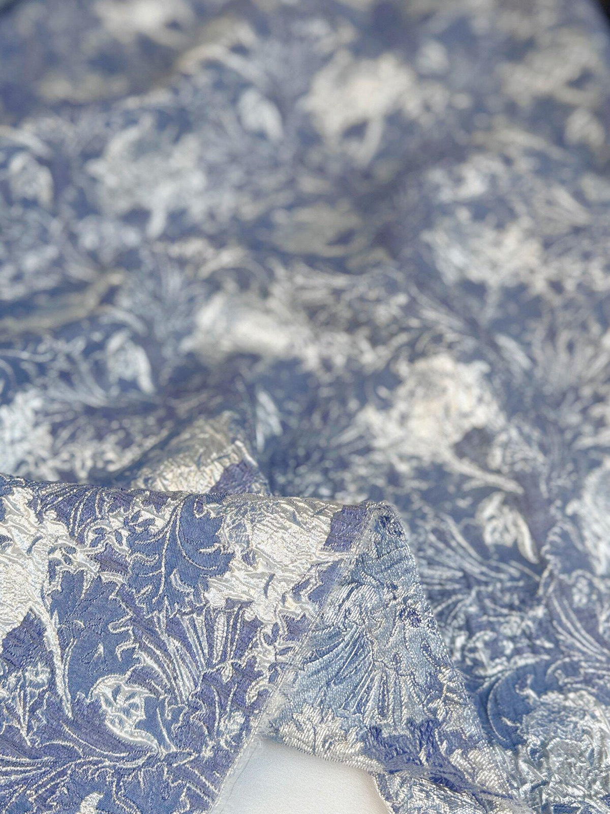 Dusty Blue Silver Floral Jacquard Fabric, Metallic Thread Embossed Brocade for Evening Gowns, Hanfu, Dresses and Runway Fashion, 53"Wide