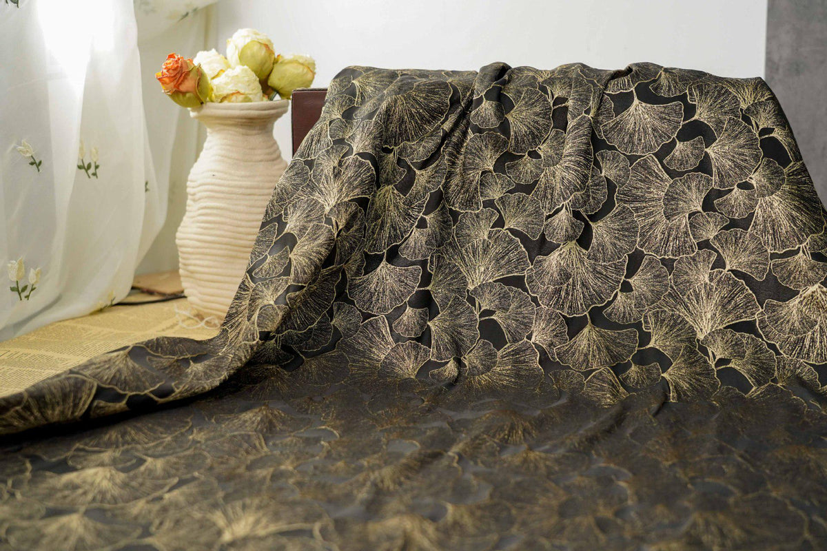 Black Gold Ginkgo Leaf Jacquard Fabric, Metallic Thread Embossed Brocade for Cheongsam, Jackets, Dresses, Bags and Home Decor, 64"