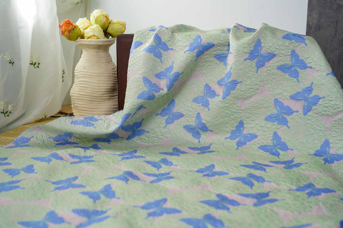 Pastel Pink Mint Green Butterfly Jacquard Fabric, 3D Embossed Floral Brocade for Cheongsam, Dresses, Jackets and Sewing Crafts, 54"