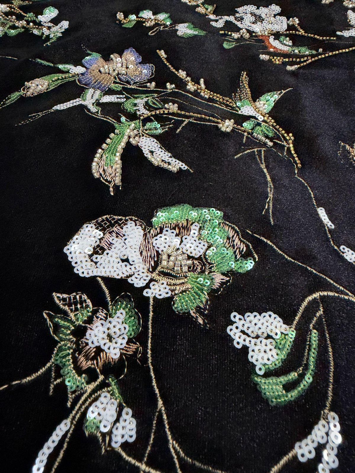 Black Velvet Floral Embroidered Fabric, Colorful Sequin and Beaded Botanical Design for Evening Gowns, Dresses, Jackets and Couture Sewing