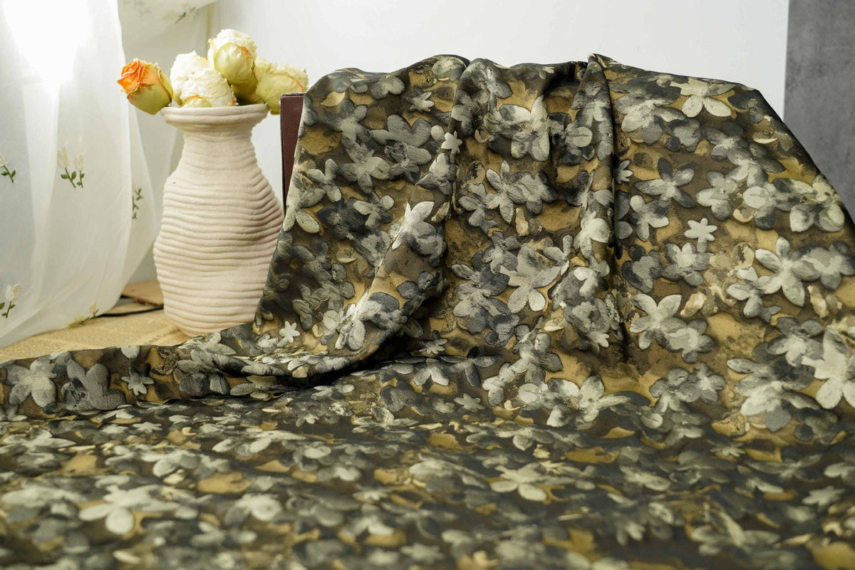 Olive Green Floral Jacquard Fabric, 3D Embossed Watercolor Flower Woven Brocade for Dresses, Cheongsam, Jackets and Home Decor - 62"W