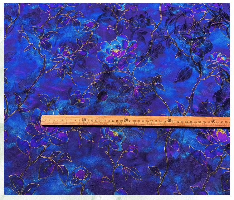 Royal Blue Purple Floral Jacquard Fabric, Gold Hibiscus Brocade, Shimmering Textured Fabric for Cheongsam, Dresses, Jackets, Couture, 56"