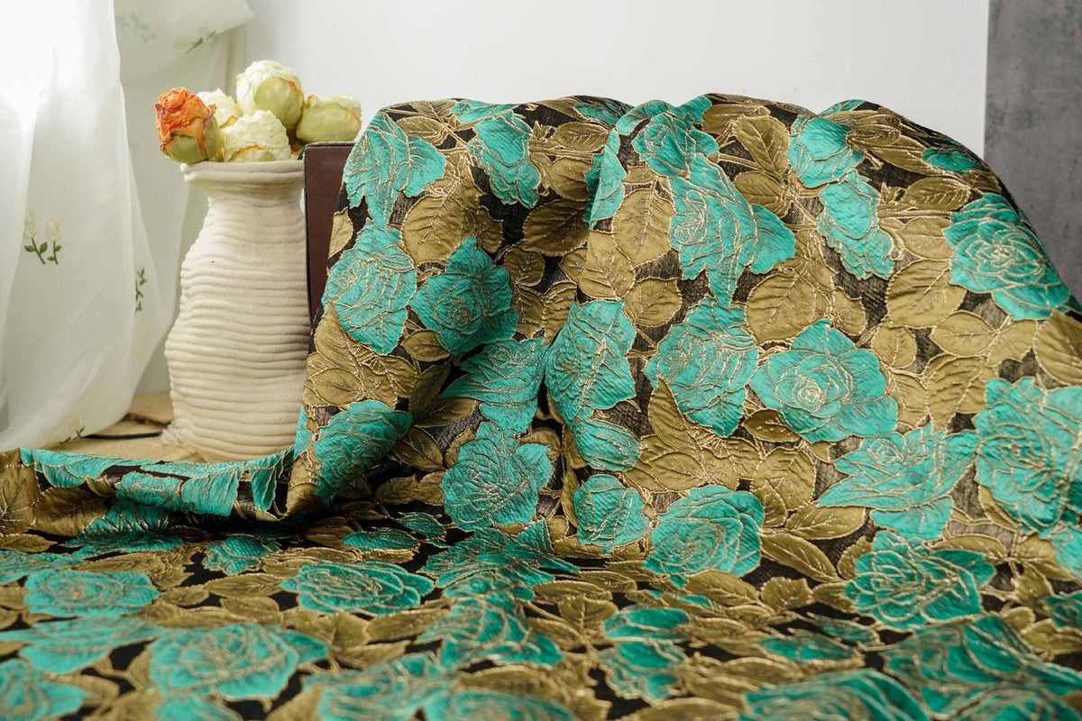 Turquoise Rose Jacquard Fabric, 3D Raised Floral Brocade with Gold Thread, Vintage Baroque Fabric for Dresses, Jackets and Home Decor, 55"W