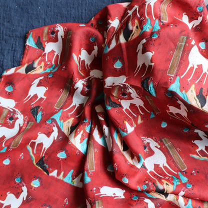 Nine-Color Deer Print Ramie Fabric: Dunhuang Style, 57"W