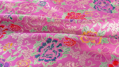 Hot Pink Floral Brocade Fabric: Gold Thread Kimono Nishijin (59"W)