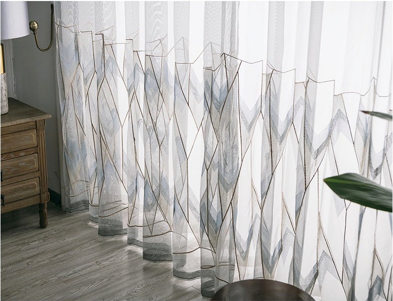Tissu pour rideaux brodé géométrique : Voile moderne en polyester transparent