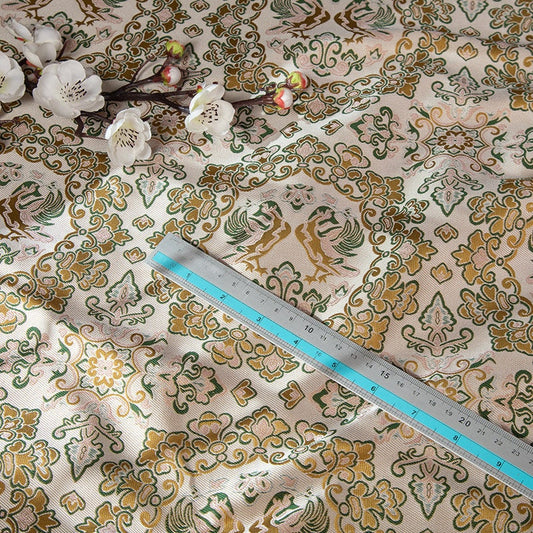 Tissu brocart de soie : 150 cm de large, motif canard mandarin beige