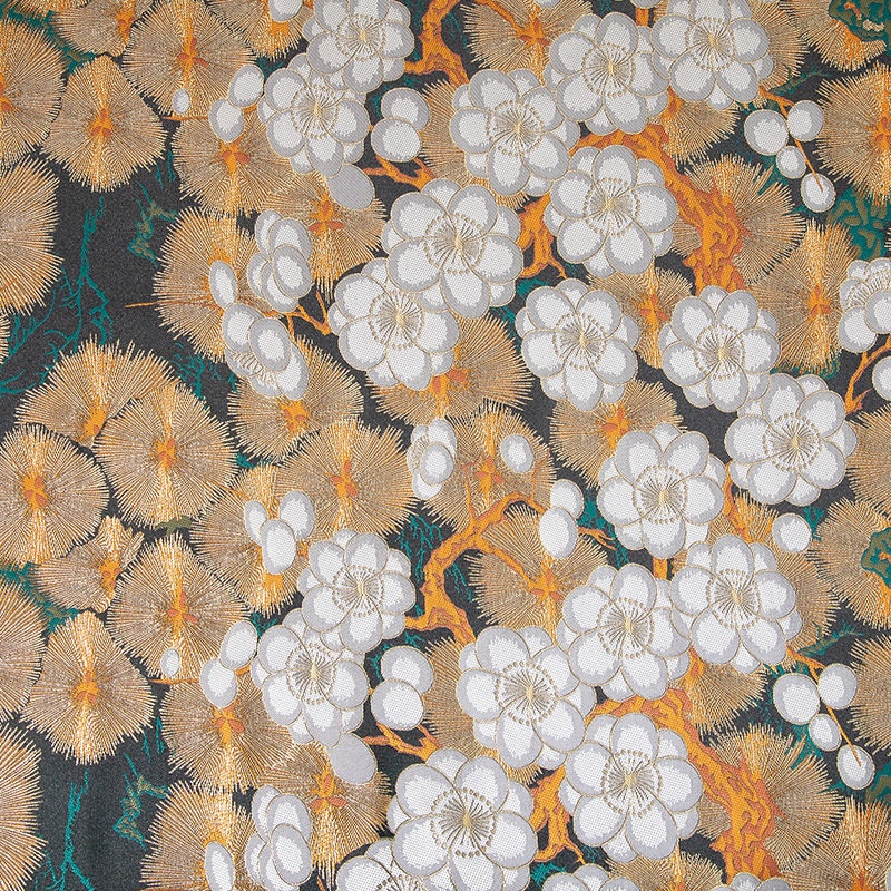 Japanese Nishijin Silk Brocade Fabric: Orange Frangipani Damask (29.5"W)