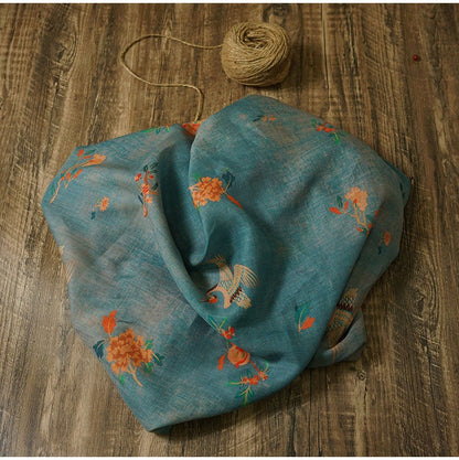 Tissu ramie bleu sarcelle : imprimé floral de grues, pour la confection d'un cheongsam qipao, 140 cm de large