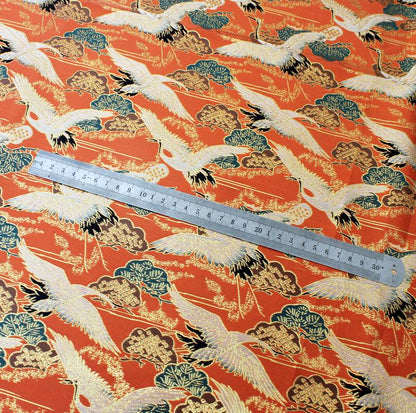 Crane Jacquard Satin Fabric: Gold Thread Bird Pattern (58"W)