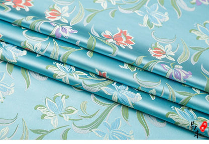 Japanese Daffodil Jacquard Brocade Fabric: Maroon Silk Rayon Blend, 29.5" Wide
