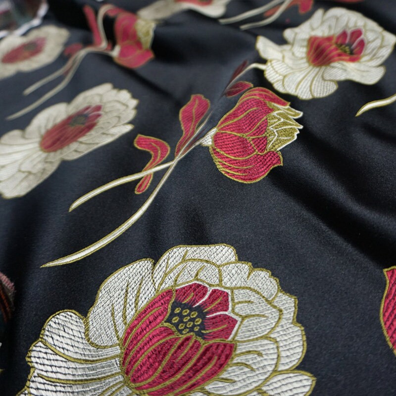 Lotus Brocade Fabric: Red Silk Blend Tibetan Textile (29"W)