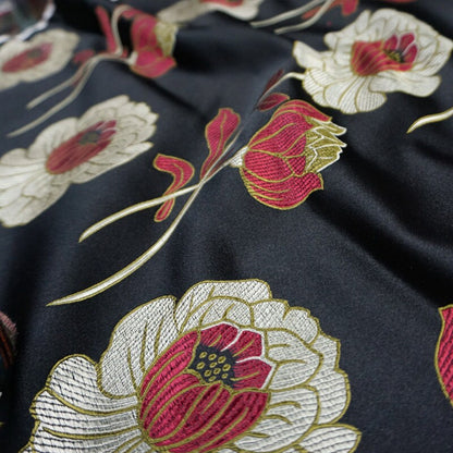 Lotus Brocade Fabric: Red Silk Blend Tibetan Textile (29"W)