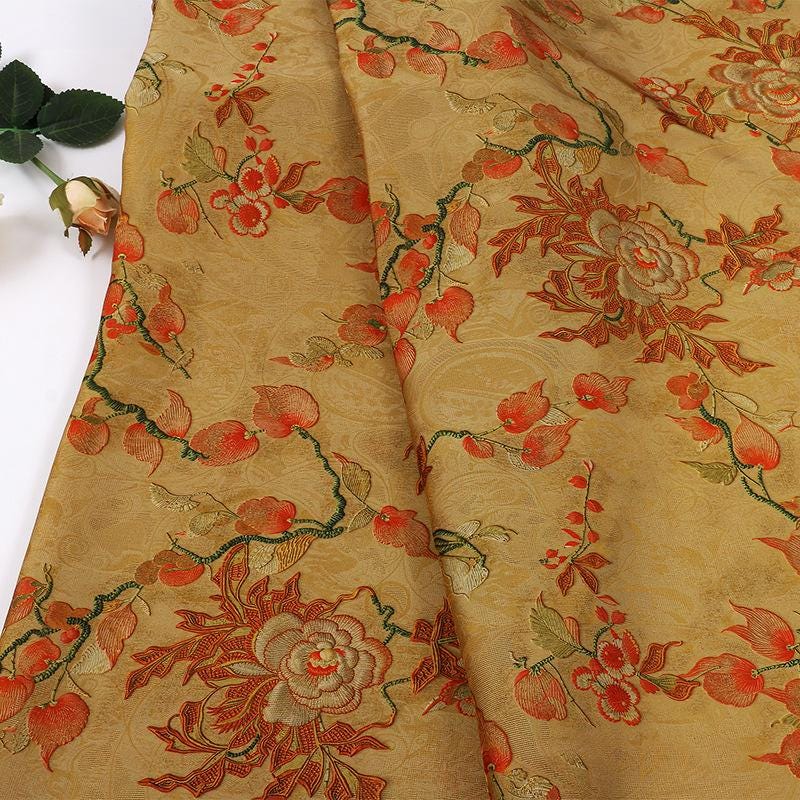 Peony Brocade Jacquard Fabric: Light Apricot Satin Tea Silk (59" Wide)