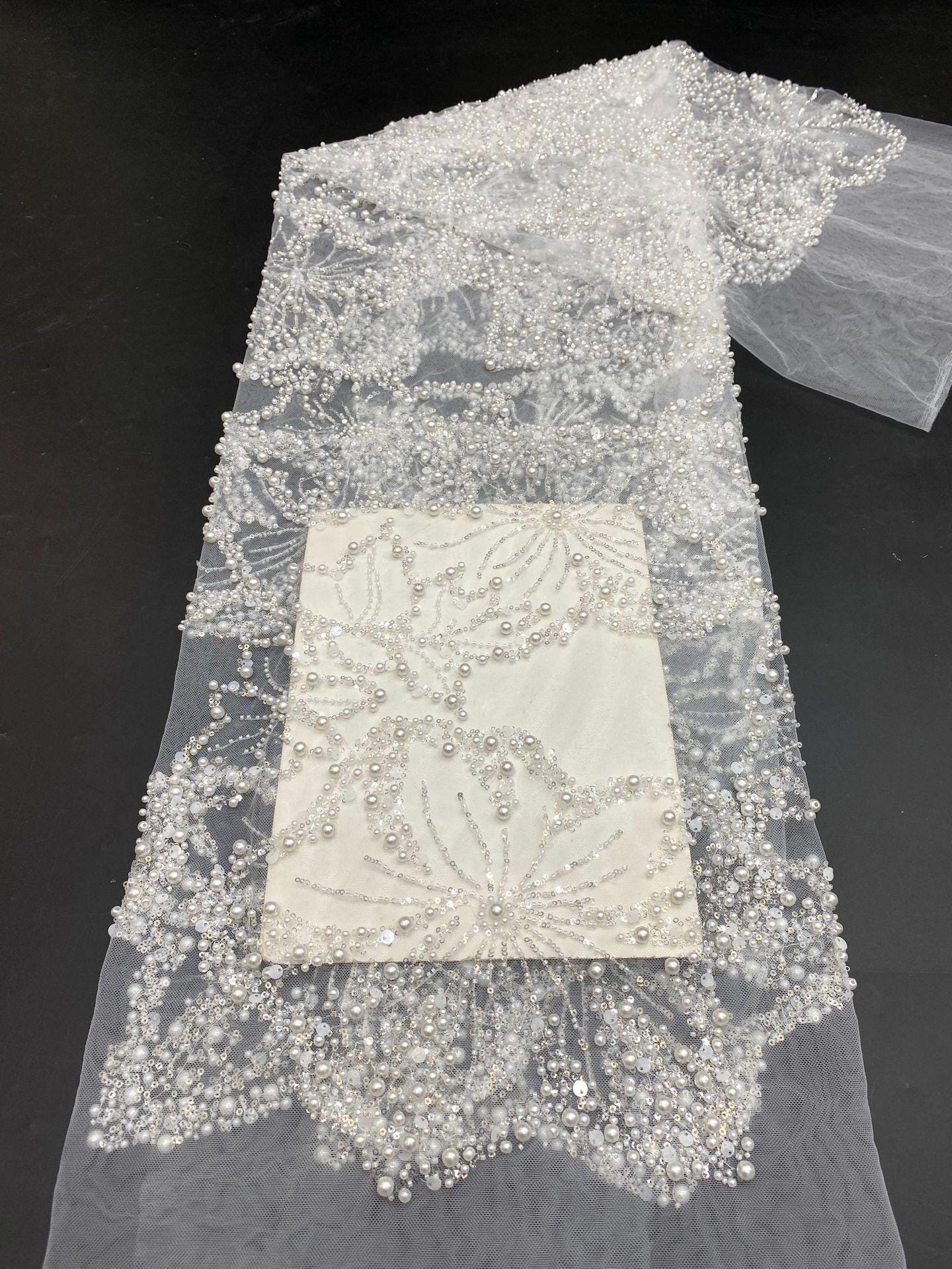 Pearl & Sequin Embroidered Fabric ��� 4/6/8mm Beads, Luxury Bridal Gown Material, Wedding Dress, Couture Sewing, High-End Fashion Fabr"W