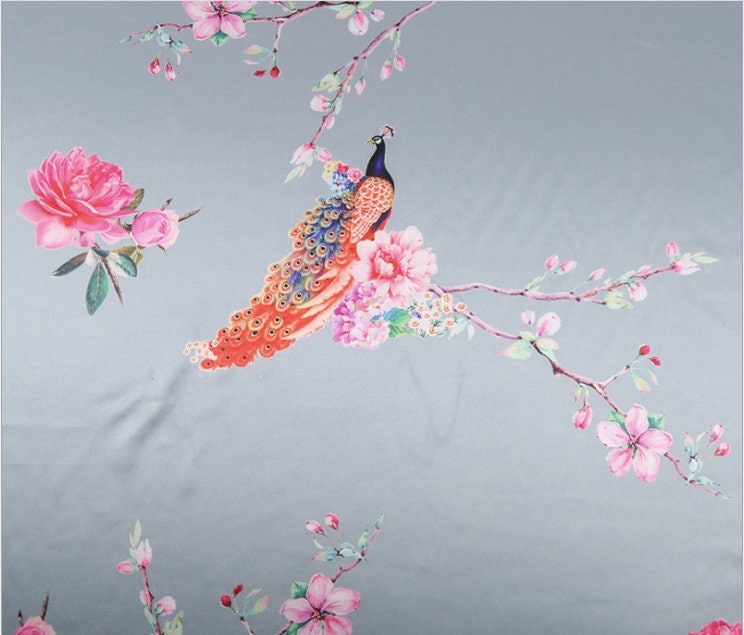 Crane Print Satin Rayon Fabric: Soft Bridal Fabric By The Meter