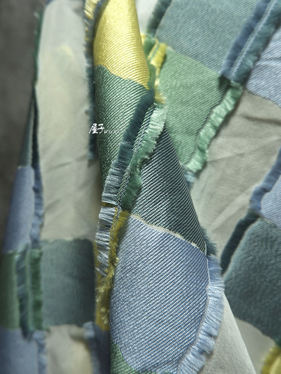 Plaid Patchwork Jacquard Fabric: Raw Edge Denim Style, 57" Wide