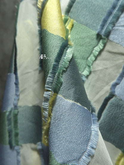 Plaid Patchwork Jacquard Fabric: Raw Edge Denim Style, 57" Wide