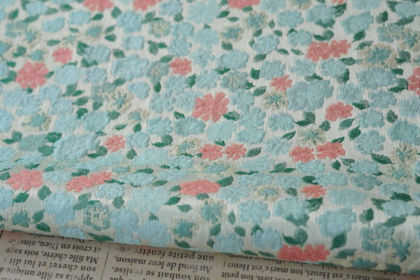 Blue & Pink Floral Jacquard Fabric - 63"W Chinese Style