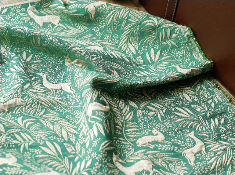 Green Jacquard Fabric with Gold Thread: Deer & Floral Design, 55" Wide
